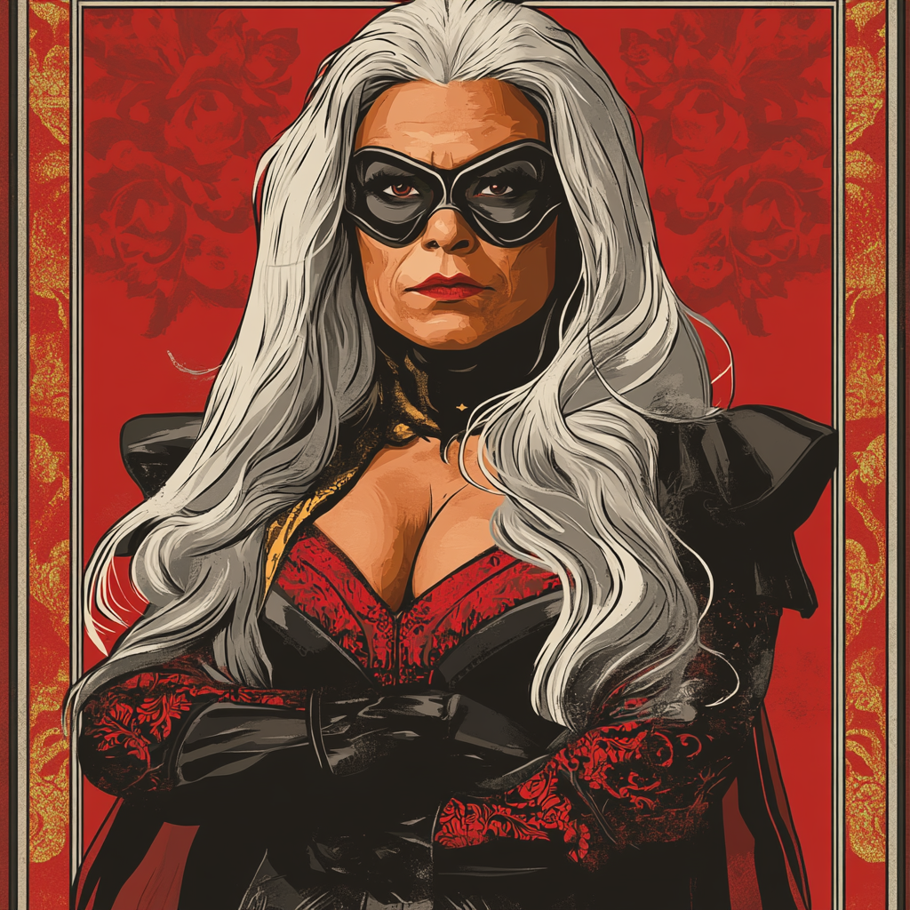 Pop art style portrait of a fierce mature woman. You can tell she is getting ready for a grand adventure and will have one hell of a memoir when this is all over, as long as she manages to escape the facist regime that's taken over her homeland